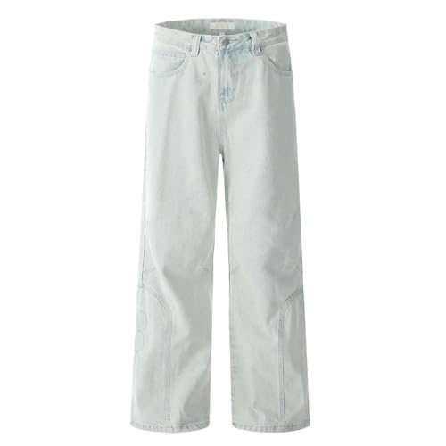 Men’s Raw Edge Pocket Jeans, High Street Retro Washed Distressed, Loose Wide Leg Denim Pants