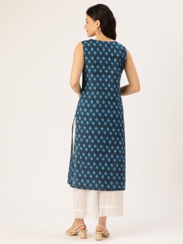 Image of feranoid Women's Pure Cotton Floral Print Straight Kurti | Elegant Curved V-Neck | Sleeveless Calf-Length Ethnic Wear | Comfortable Regular Fit | Sizes XS-XXL