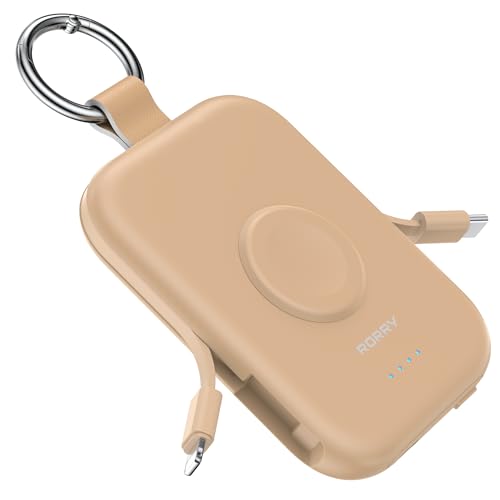 Image of RORRY CharmGo Portable Charger, 5000mAh Portable Charger Power Bank with Built-in Cables, Travel Keychain Battery Pack for Apple Watch and iPhone Air /17 /16 /15 /14 /13 /12, Honey Beige