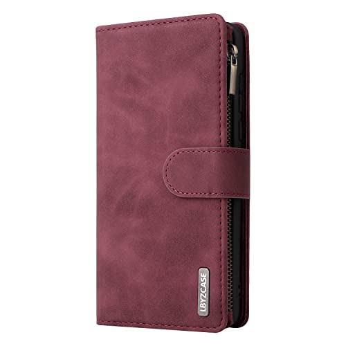 Lbyzcase For Nokia X100 Case With Card Holder,Durable Luxury Magnetic Folio Flip Leather Zipper Pocket Wrist Strap Kickstand Women Men Phone Case Cover For Nokia X100 (Wine Red) #TOP6