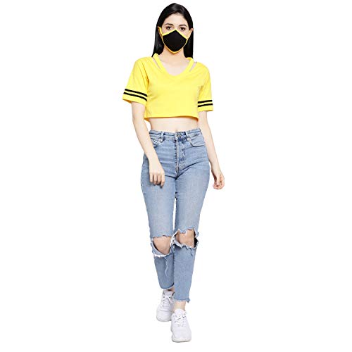 Image of LE BOURGEOIS Women Solid Loose Fit Desiger V-Neck Short Sleeve Dance Party Casul Crop Top