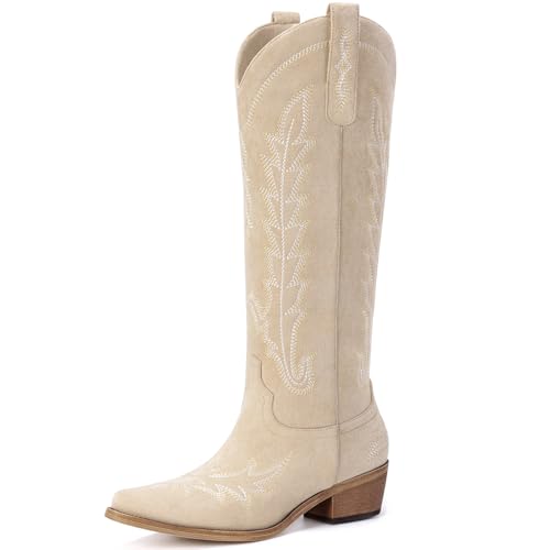 Image of Rivalran Cowboy Boots for Women - Knee High Pointed Toe Chunky Heel Pull On Zipper Western Cowgirl Boots, Retro Country Vintage Fashion Tall Boots