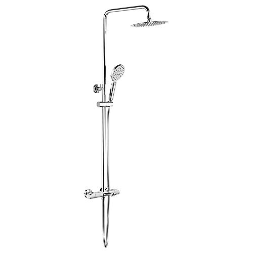 Ibergrif M21810 Colonna Doccia Termostatico, Doccia Soffione Completo, Set Doccia con Soffione e Doccetta, Asta per Doccia Regolabile a Muro, Termostato, Asta Tubo Flessibile, Cromo, Argento