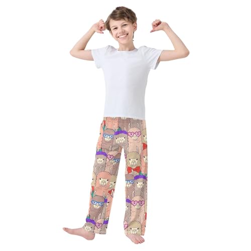 ZZXXB Funny Llama with Glasses Boys Long Pants Soft Trousers Elastic Waist Kids Lounge Bottoms with Pockets S-XL2