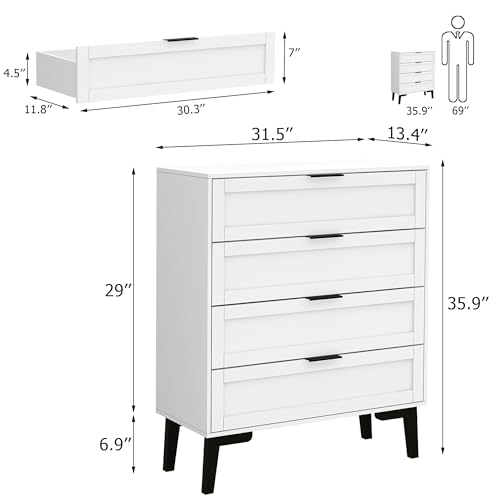 Image of Dresser for Bedroom, Storage Organizer with 4 Drawers, Chest of Drawers,Sturdy Metal Frame, Wood Tabletop for Guest Room, Closet, Entryway, White