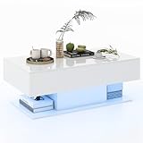 COSTWAY LED Coffee Table, High Gloss Cocktail Center Table with 20 RGB Light Colors, Adjustable Brightness, 2 Drawers and Storage Shelf, Modern Rectangle Smart Tea Side Table for Living Room (White)