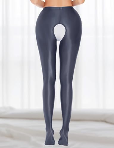 Image of FEOYA Women's Open Crotch Oil Shiny Pantyhose High Waist Control Top Silky Oily Crotchless Footed Tights Stockings