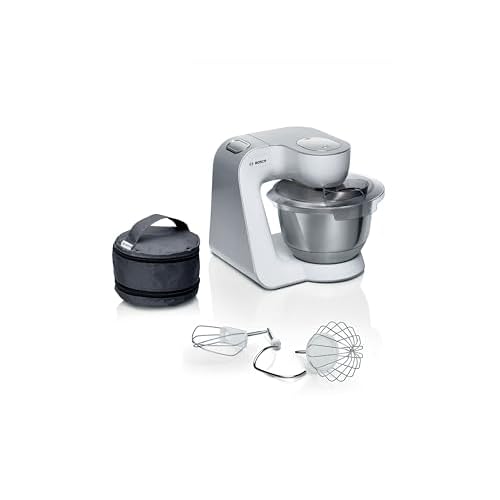 Bosch Keukenmachine serie 4 MUM58200, kneedhaak, roer- en garde van roestvrij staal, accessoiretas, roestvrijstalen kom spoelmabestendig, 3D-roersysteem, wit/zilver