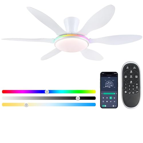 Image of Ceiling Fans with Lights, 51 inch Modern White Low Profile Ceiling Fan with Light and Remote App Control, Flush Mount, Quiet DC Reversible, RGB Led Ceiling Fan 6 Blade Softer Wind Indoor/Outdoor Patio