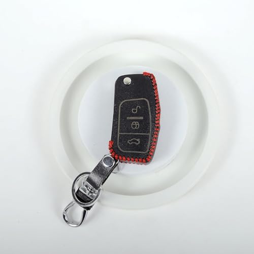 Image of Leather Smart Car Key Cover Case with Key Chain for Ford Fiesta Figo (Black)