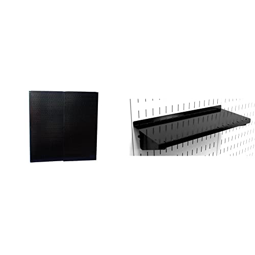 Image of Wall Control 32 inch x 16 inch Black Metal Pegboard Pack - 2 Panels & 1 Deep Shelf Assembly, Modern Style, Heavy Duty, Slotted, Secure, Wall Mount, Garage /Workshop /Tool Shed Storage