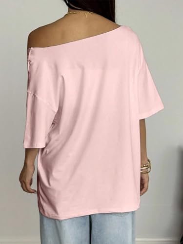 Image of SXV STYLE Women's Off Shoulder T-Shirt, Pink Billiard Ball 8 Print, Casual Loose Fit Top, Half Sleeve