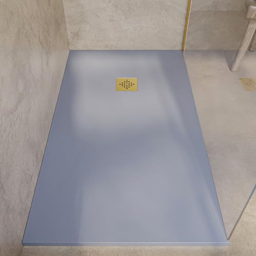 SOULBATH Plato de Ducha - Resina - Gel Coat - Textura Liso/Piedra - Antideslizante - Color Gris - 180x100- Extraplano 3cm. Incluye Válvula de desagüe - REJILLA GOLD
