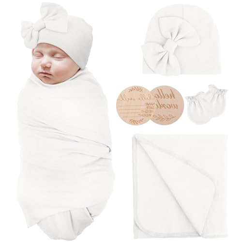 Image of AQOKKA Newborn Receiving Blanket with Bow Hat Mittens Wooden Card Set Newborns Toddler Baby Boy Girl Nursery Swaddle Wrap