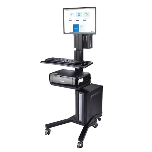 AW Mobile Computer Cart Medical Rolling PC Stand Desk Workstation on Wheels with Monitor Mount Adjustable Keyboard Tray CPU Printer Holder for Hospital Clinic School Office Black