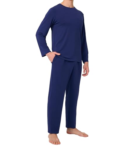 BAMBOO COOL Mens Pajama Set Bamboo Viscose Soft Pijamas Sets for Men Long Sleeve Full Length Pants Pjs Sleepwear with Pockets Navy Blue