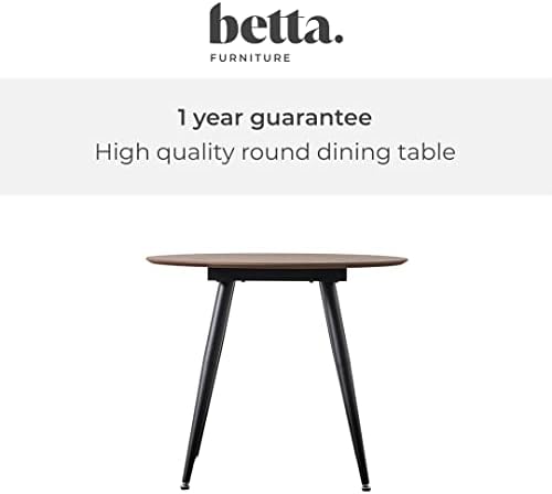 Betta Furniture Dining Table for 4 People - Walnut Round Dinner Table - 4 Seater Dining Room Table with Oak Veneer Top and Black Metal Legs - 90 x 90 x 75cm (Table Only)