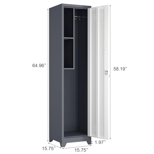 Image of Metal Broom Storage Cabinets, Narrow Cabinet with Hooks, 65 inch Slim Bathroom Storage Cabinet with Shelves, Heavy-Duty Cleaning Cabinets for Utility Room, Gym, Office, Garage