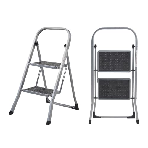 MasterWorks 2 Step Ladder | Heavy Duty Folding Steel Stepladder with Safety Handle | 150kg Max Capacity | Wide Anti-Slip Steps & Feet | Easy to Store | Ideal for Home Kitchen Garage & DIY Use