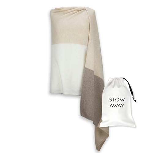 Jet&Bo 100% Pure Cashmere Lightweight Travel Wrap, Shawl & Scarf Beige Colorblock, Storage Bag + Gift Box