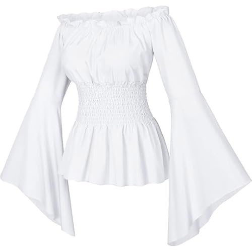 Darringls Damen Renaissance Bauernbluse Piraten Kleid Weiß Schulterfrei Trompetenärmel Gothic Lolita Boho Bluse Mittelalter Gesmokt Langarmshirt...