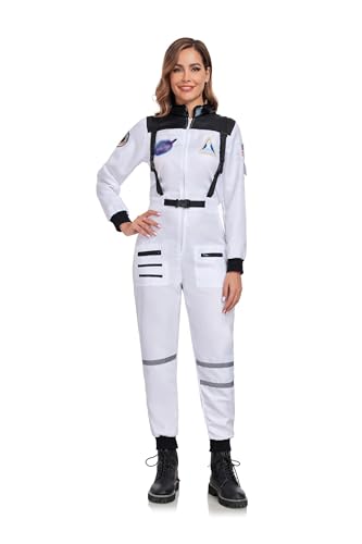 Womens Astronaut Costume Adult Space Suit Halloween Dress up (White L)