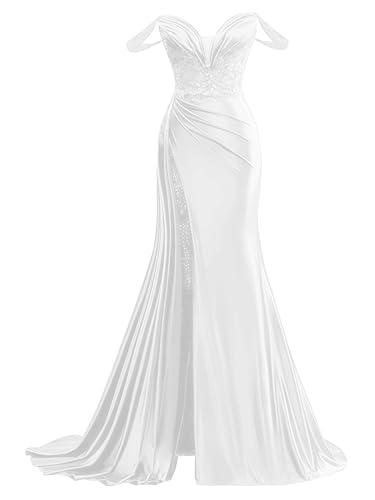 Off Shoulder Satin Prom Dresses Long 2025 Pleated Beaded Mermaid Formal Evening Gowns with Slit White US4