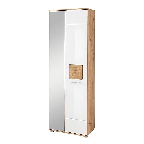 Lomadox Garderobenschrank mit Spiegeltür, Eiche Nb. mit weiß Hochglanz, B/H/T ca. 65/195/38 cm Lomadox Garderobenschrank mit Spiegeltür, Eiche Nb. mit weiß Hochglanz, B/H/T ca. 65/195/38 cm