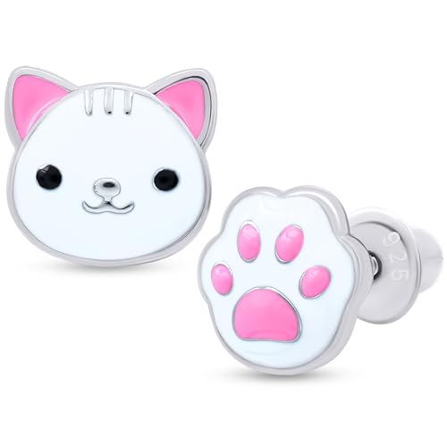 925 Sterling Silver Cat & Paw White Stud Earrings for Girls Hypoallergenic Safety Screw Back Rhodium Plated - Cat & Paw White Gifts Earrings for Baby Toddlers Little Teens Kids Jewelry