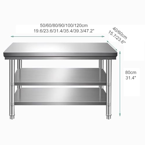 Tavolo da Preparazione Regolabile in Acciaio Inox con 3 Ripiani - Versatile bancstorante, Garage e Preparazione di Alimenti all'aperto - Resistente, Facile da Pulire, 120 * 60 cm/47,2 * 23,6