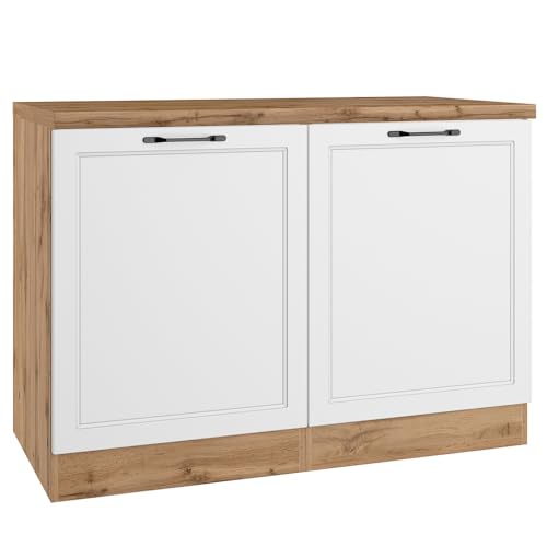 Lomadox Küchenschrank Unterschrank Spülenschrank 120 cm in weiß und Eiche, inkl. Einbauspüle mit Abtropffläche