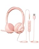 JIAMQISHI USB Headset with Microphone for PC, On-Ear Computer Laptop Headphones with Noise Cancelling Mic in-line Control for Home Office Online Class Zoom (USB+3.5mm, Pink)