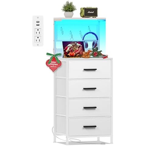 EKNKOZY Nightstand 4 Drawer Dresser with LED Lights, Charging Station, Mesh Shelf with Hooks, Vertical Side Table with Fabric Drawers, End Table, Tall Dresser for Bedroom, Hallway, Entryway, White Cover