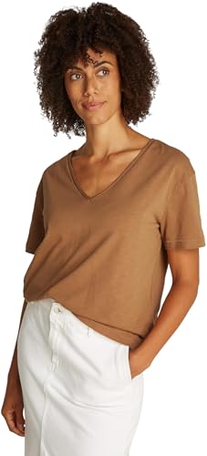 Tommy Hilfiger Camiseta Manga Corta Mujer con Cuello de Pico, Beige (Safari Canvas), M