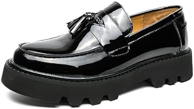 ZGHNP Men's Black Patent Leather Platform Loafers Slip-On Dress Shoes with Tassel, Non-Slip Lug Sole Round Toe Penny Formal Shoes for Business Work &amp; Daily