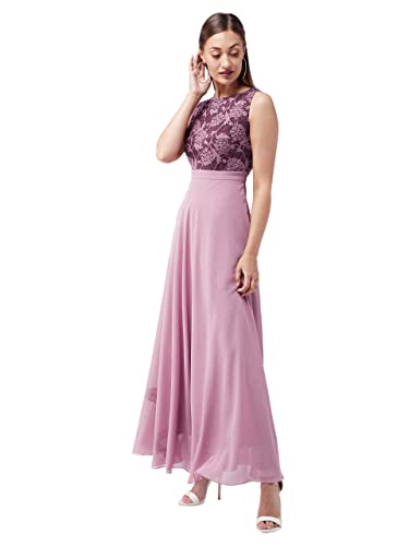 Image of Miss Chase Women's Brick Red & Dusty Green Boat Neck Sleeveless Self Design Lace Overlaid Regular Dress