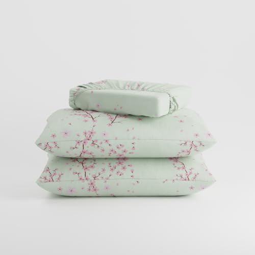 Image of BLISSHOME SoftTouch 140TC Cotton King Size Fitted Bedsheet with 2 Pillow Covers, Silky Smooth Bedding Set, Breathable, Easy Maintain, Floral Print - Pink, White (182cm x 198cm x 25cm Drop)