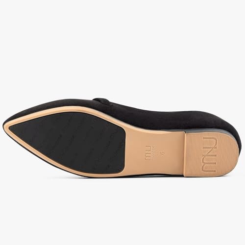 MUSSHOE Women Flats Comfortable Pointed Toe Flats Shoes with Strap,Black Suede 83