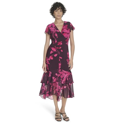 Image of Tommy Hilfiger Women's Flutter Sleeve V-Neck Ruffle Trim Hi-Lo Midi Dress