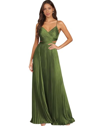Pleated Satin Bridesmaid Dresses for Women Spaghetti Straps Long V Neck Formal Dress4