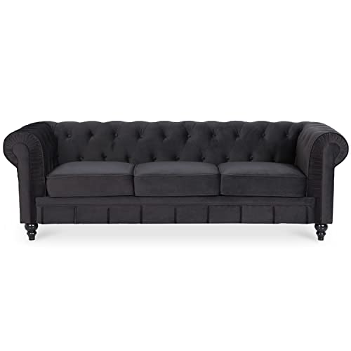 INTENSE DECO Canape Chesterfield Velours 3 Places Altesse Noir