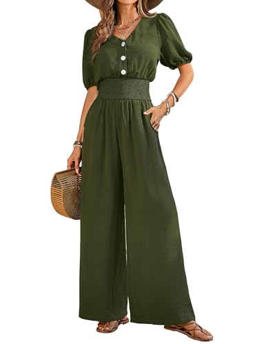 QUNERY Combinaison Femme Ete Jumpsuit Élégant Manches Courtes Col V Casual Playsuit Jambe Large Romper avec Poche Vert Armée M