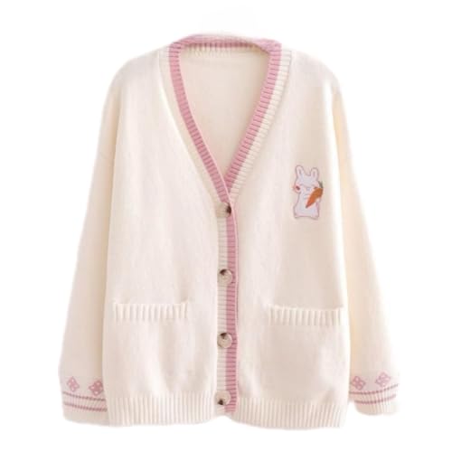 Pink Kawaii Preppy Bunny Cardigan Sweater for Girl Loose Embroidery Plaid Soft Cozy Sweater 10 12 14Gift2