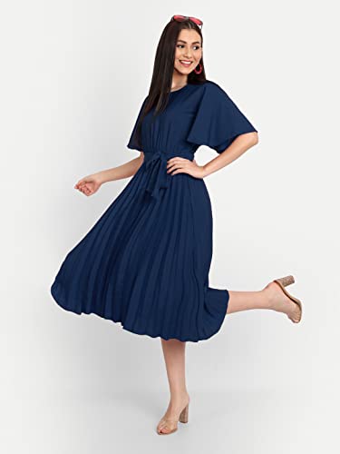 Image of KUDUZO Women's Crepe Long Pleated Below Knee Length Flutter Sleeve Round Neck S to XL Maxi Dress for Girls. (EG-U0IM-B9A1)