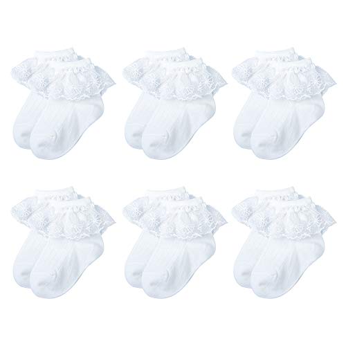 Image of VINIKNIKA 6 Pairs Baby Girls Socks Newborn Ruffle Lace Socks Princess Frilly Knit Cotton Socks