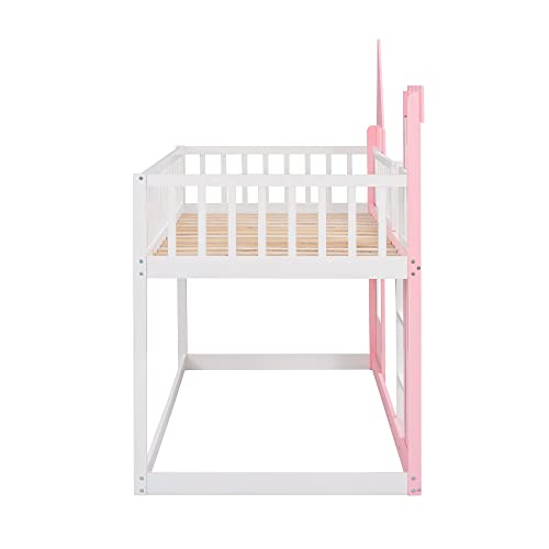 Harper & Bright Designs Low Bunk Bed Twin Over Twin, Wooden Bunk Bed Frame for Kids Girls Boys, Castle Shape Design (Pink)