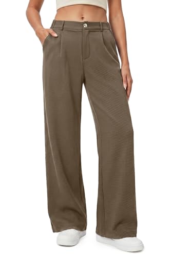 Enmain Pantalones Mujer Vestir Verano Cintura Alta Elástico Pierna Recta Ancha Antiarrugas Pantalon Palazzo Fluido Largo Ligeros Suelto Mujer Elegante Casual con Botón Bolsillos Marrón S