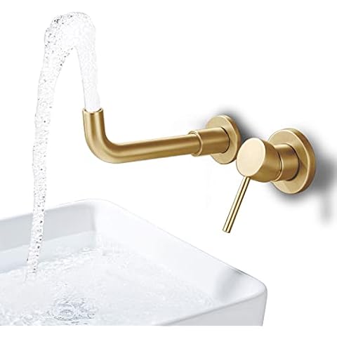 BANGPU Wall Mount Bathroom Faucets Brushed Gold Single Handle Wall Mount Faucet with Brass Rough-in Valve Cover