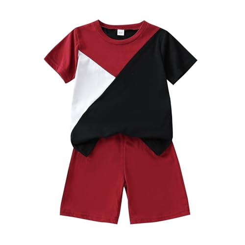 Image of Ayzozuy Boy Clothes Colorblock Top + Drawstring Waist Shorts 2 Pieces Kid Summer Outfits Set