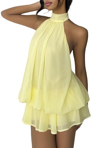 SHINFY Women Chiffon Halter Cocktail Dresses for Wedding Guest Ruffle Mini Beach Vacation Birthday Dresses Yellow